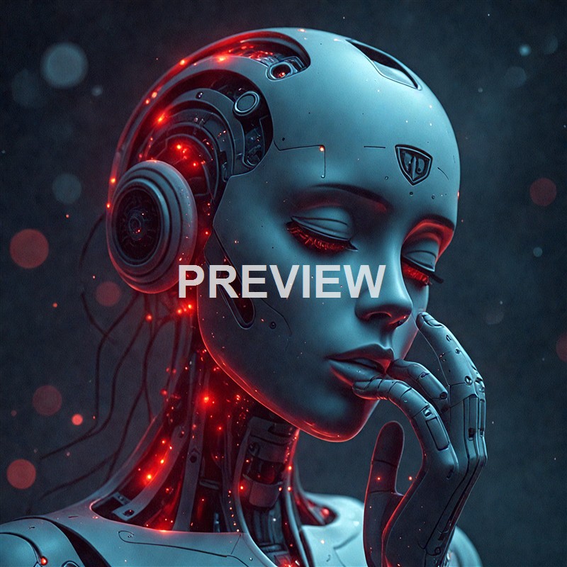 A futuristic humanoid robot with a human-like face, closed eyes, and a contemplative expression, featuring glowing red lights and exposed mechanical components.